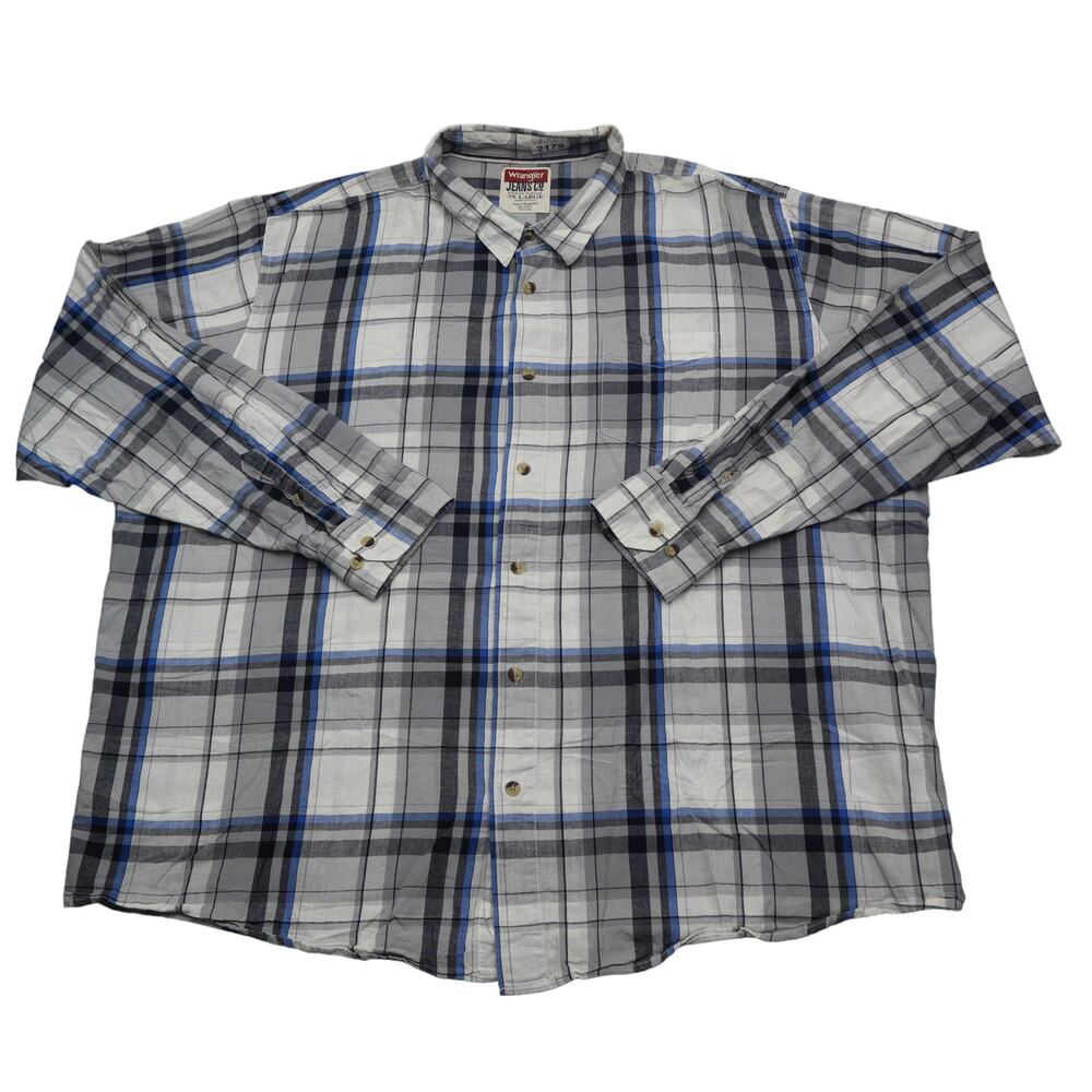 Wrangler Shirt Men 3XL Blue White Plaid Workwear Outdoor Pocket Casual Button Up